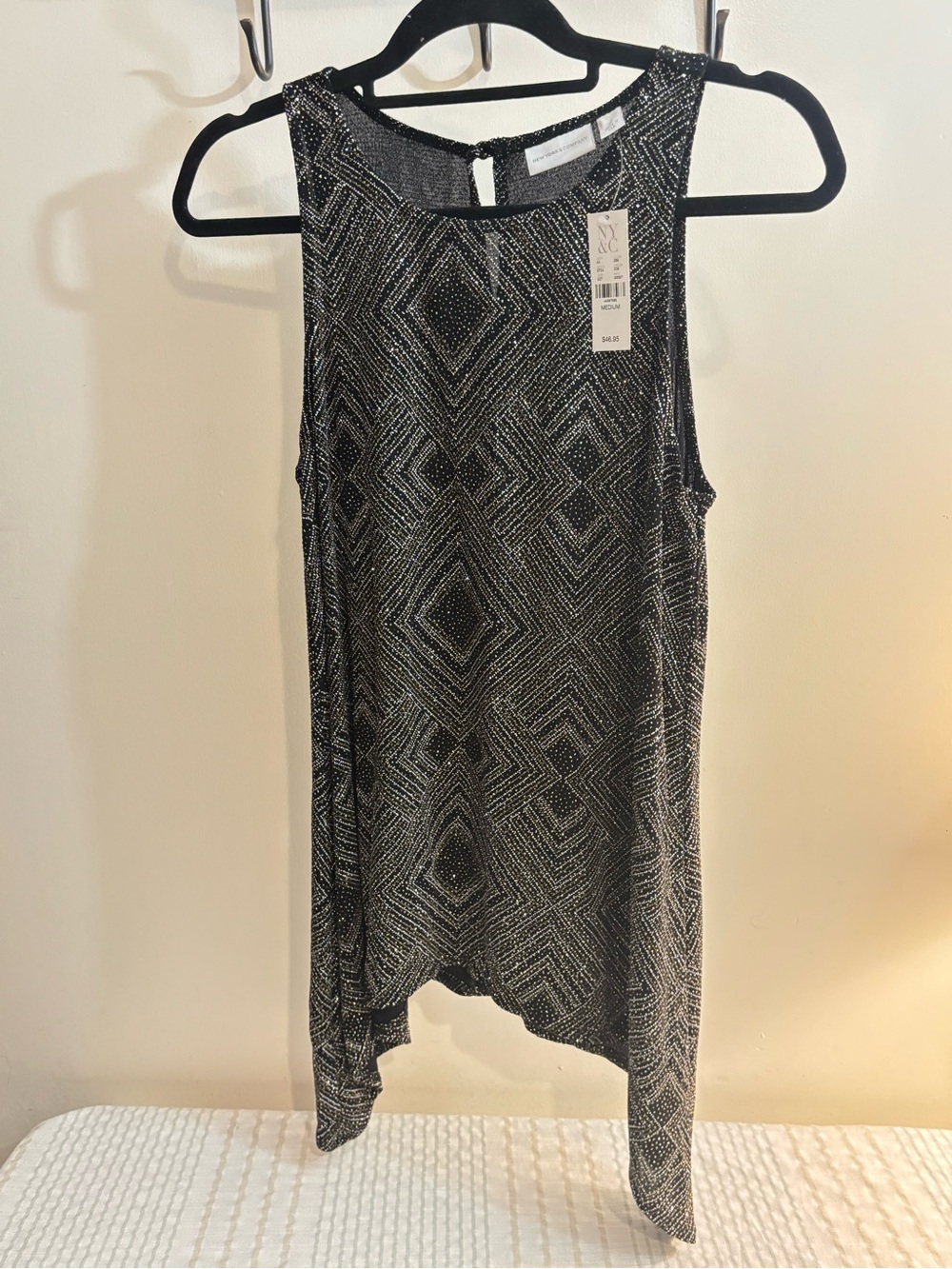 New York & Company Black and Silver Geo Sequin Tank